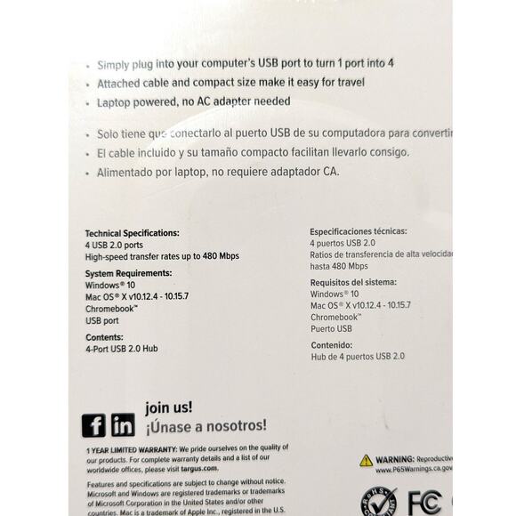 Targus USB 2.0 4-Port USB Hub High Speed Plug-and-Play Windows Mac Chromebook PC - Picture 7 of 8